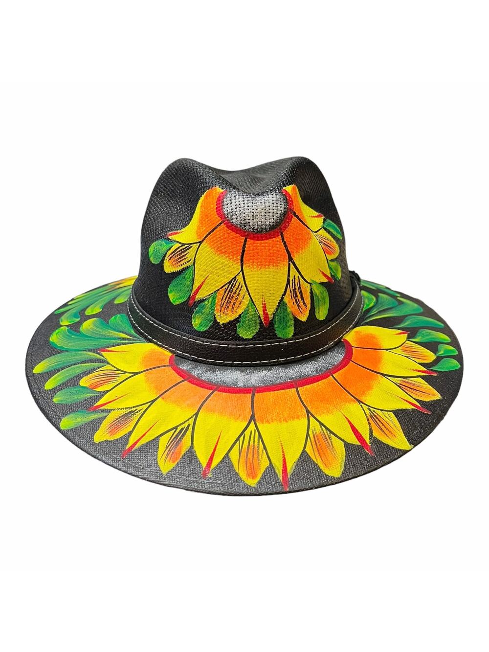 HAT MEXICAN Artisanal Hand Painted Fedora Sunflower Sombrero Panama Bohon Black